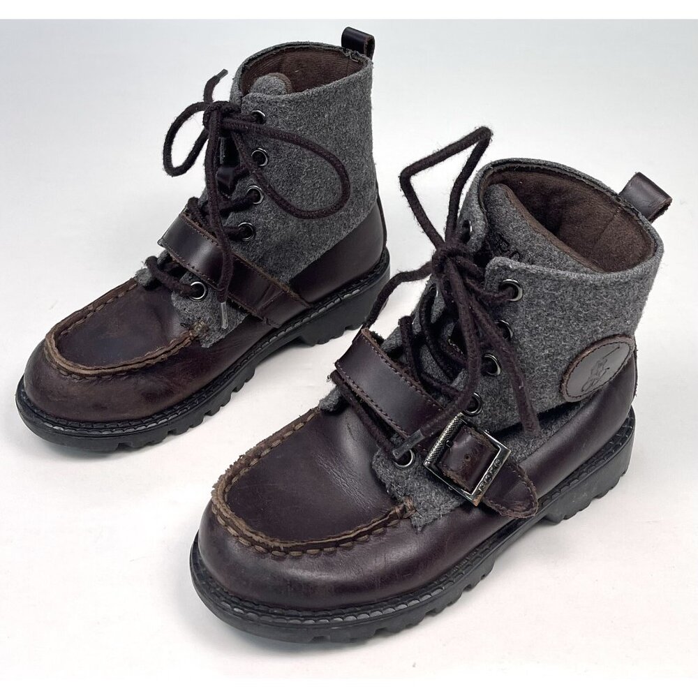 POLO Ralph Lauren Youth Toddler US 11.5 Brown Leather Gray Fleece Lace-Up BOOTS